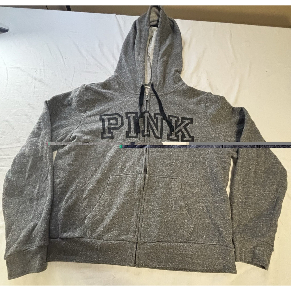 Victoria’s‎ Secret PINK Full Zip Hoodie Large Gray Black Logo Sweatshirt L